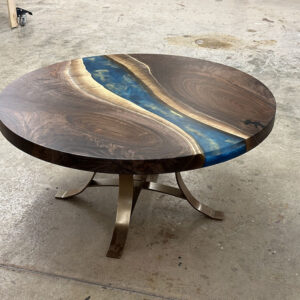 Custom Round Black Walnut Coffee Table with Golden Gate Brass Base & Epoxy Hanada Blue with Brass Metallic Accents