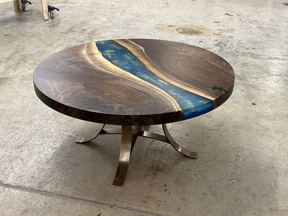 Custom Round Black Walnut Coffee Table with Golden Gate Brass Base & Epoxy Hanada Blue with Brass Metallic Accents