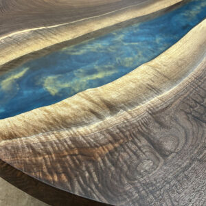 Custom Round Black Walnut Coffee Table with Epoxy Hanada Blue with Brass Metallic Accents