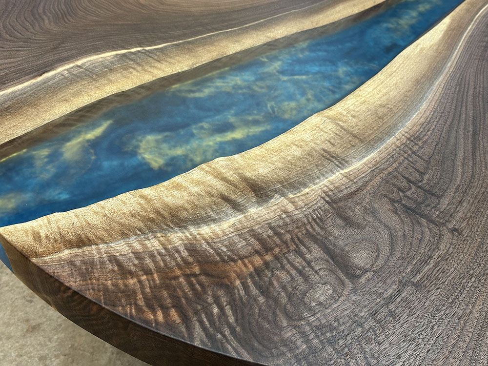 Custom Round Black Walnut Coffee Table with Epoxy Hanada Blue with Brass Metallic Accents