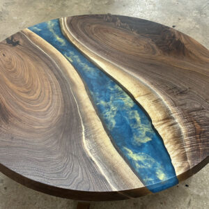 Custom Round Black Walnut Coffee Table with Golden Gate Brass Base & Epoxy Hanada Blue with Brass Metallic Accents
