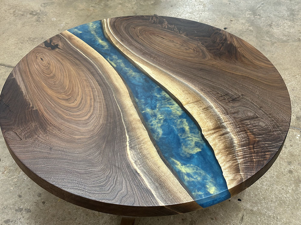Custom Round Black Walnut Coffee Table with Golden Gate Brass Base & Epoxy Hanada Blue with Brass Metallic Accents