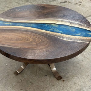 Custom Round Black Walnut Coffee Table with Golden Gate Brass Base & Epoxy Hanada Blue with Brass Metallic Accents