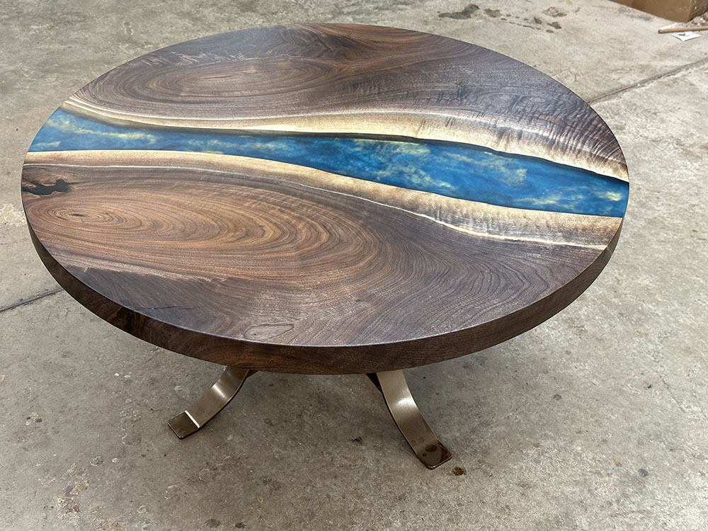 Custom Round Black Walnut Coffee Table with Golden Gate Brass Base & Epoxy Hanada Blue with Brass Metallic Accents