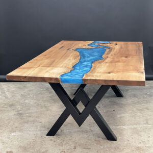 Design a custom maple river dining table with epoxy flowing through the center