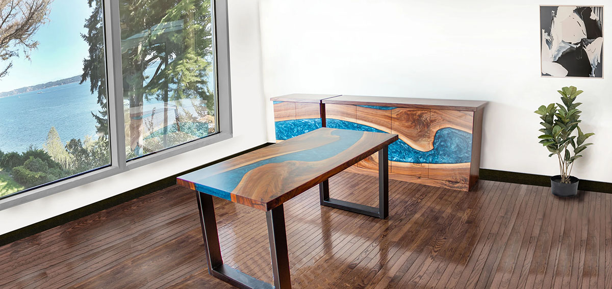 Beautiful Live Edge River Desk, Credenza, and Cabinet Furniture Finished Project