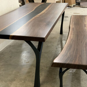 Custom Black Walnut Live Edge River Dining Table & Bench with Faras Legs 009