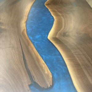Custom Black Walnut Live Edge River Dining Table with Namu Base 010 - Iridescent Blue Epoxy