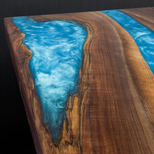 Custom Black Walnut River Bar Table with Irisdescent Blue Epoxy Up Close - 018