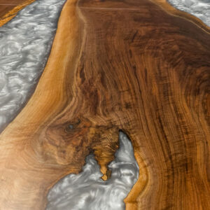 Custom Black Walnut River Dining Table with Steel Base 016 - Silver Grey Epoxy