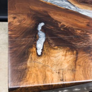 Custom Solid Wood Black Walnut River Dining Table with Steel Base 016 - Silver Grey Epoxy