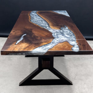 Custom Black Walnut River Dining Table with Steel Base 016 - Silver Grey Epoxy