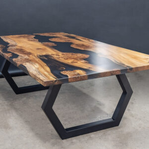 English Wyche Elm Smokey Black Epoxy River Dining Table with Steel Base