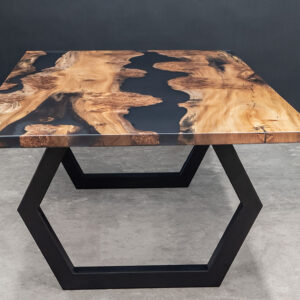English Wyche Elm Smokey Black Epoxy River Dining Table with Steel Hexagon Base