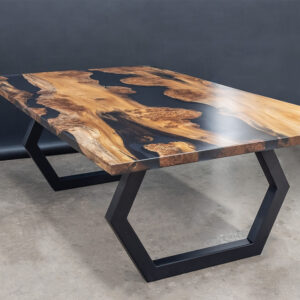 English Wyche Elm Smokey Black Epoxy River Dining Table with Steel Base