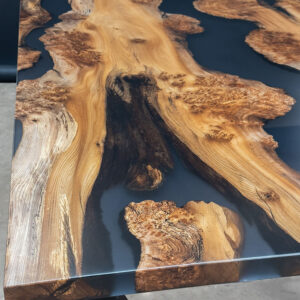 English Wyche Elm Smokey Black Epoxy River Dining Table