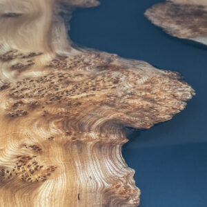 English Wyche Elm Smokey Black Epoxy River Dining Table - Up Close