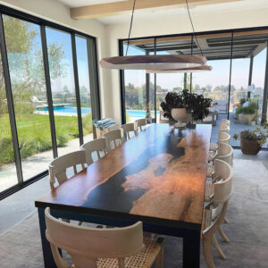 Custom designed live edge Big Leaf Maple Dining Table with Steel Parsons Base and epoxy river - 020