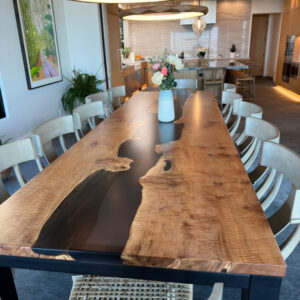 Custom live edge Big Leaf Maple Dining Table with Steel Parsons Base and epoxy river - 020