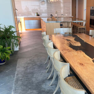 Custom live edge Big Leaf Maple Dining Table with Steel Parsons Base and black epoxy river - 020