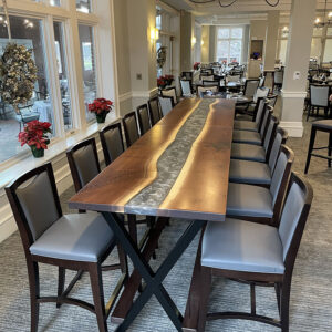 Custom live edge Black Walnut River Bar Tables with Steel X Base with Walnut Foot Rails - 019