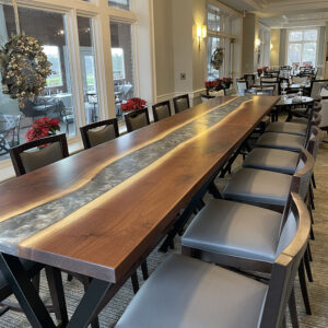 Custom live edge Black Walnut River Bar Tables with Steel X Base with Walnut Foot Rails - 019