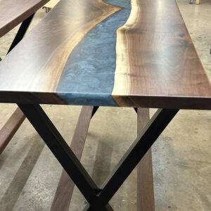 Custom live edge Black Walnut River Bar Table up close with Steel X Base with Walnut Foot Rails - 019