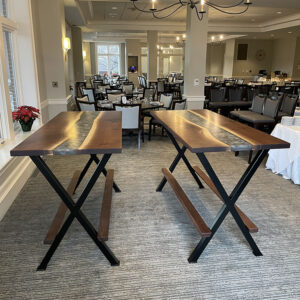 Custom live edge Black Walnut Epoxy River Bar Tables with Steel X Base with Walnut Foot Rails - 019