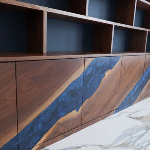 Custom Handcrafted Black Walnut Credenza & Bookcase with Deep Ocean Blue Epoxy - 063 - Close up