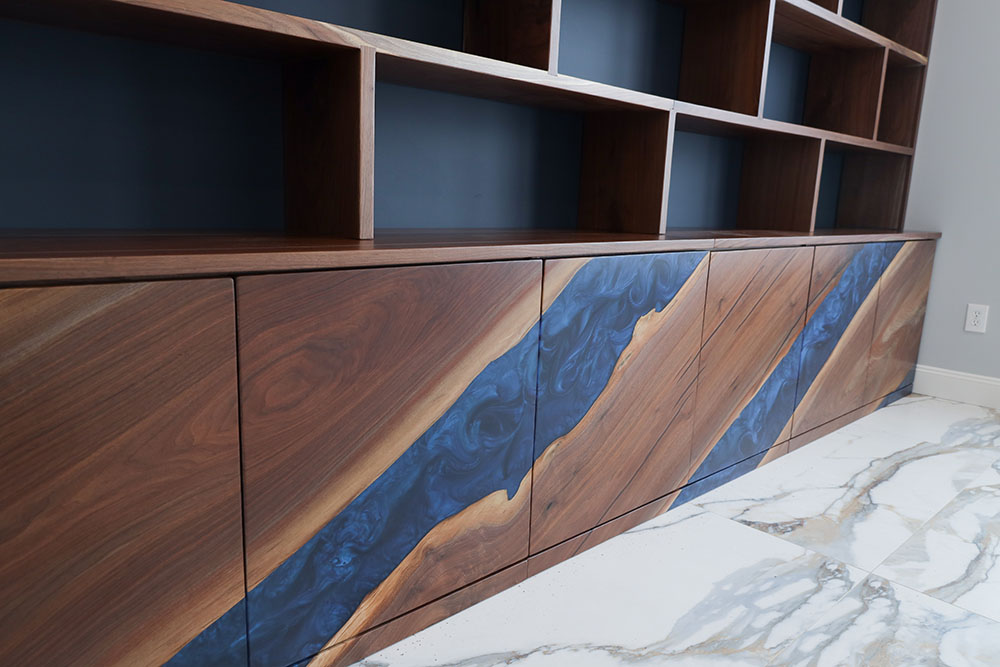 Custom Handcrafted Black Walnut Credenza & Bookcase with Deep Ocean Blue Epoxy - 063 - Close up