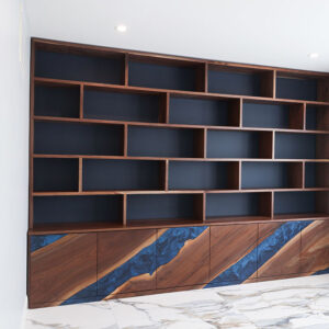 Custom Handcrafted Black Walnut Credenza & Bookcase with Deep Ocean Blue Epoxy - 063