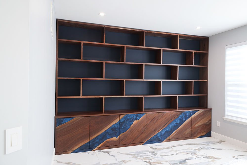 Custom Handcrafted Black Walnut Credenza & Bookcase with Deep Ocean Blue Epoxy - 063