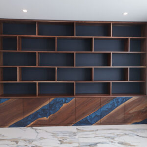 Custom Handcrafted Black Walnut Credenza & Bookcase with Deep Ocean Blue Epoxy - 063