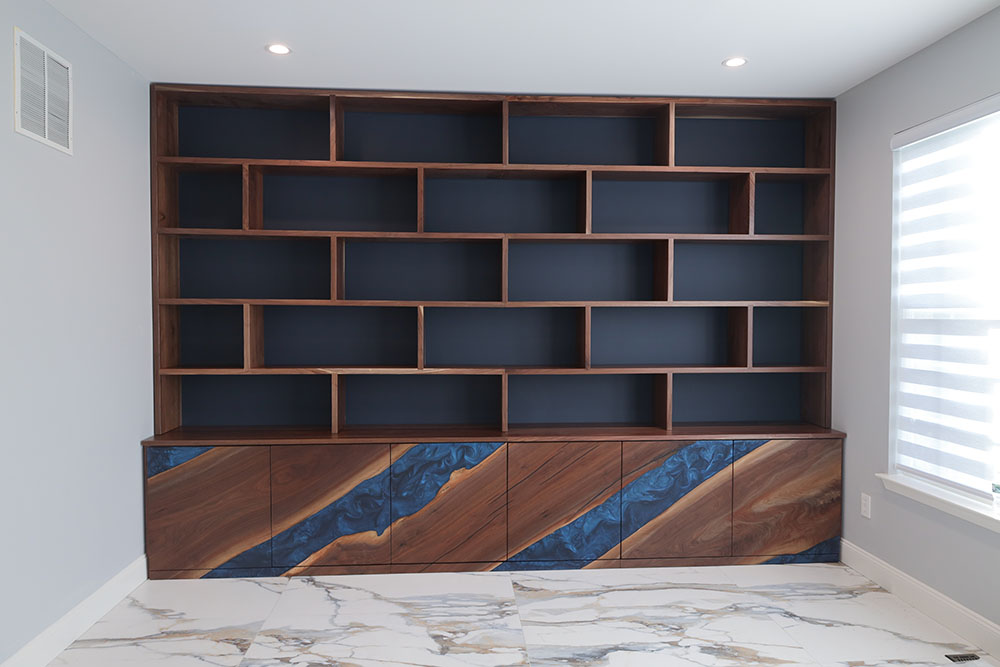 Custom Handcrafted Black Walnut Credenza & Bookcase with Deep Ocean Blue Epoxy - 063
