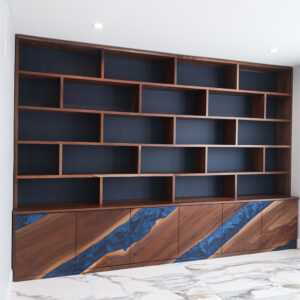 Custom Handcrafted Black Walnut Credenza & Bookcase with Deep Ocean Blue Epoxy - 063