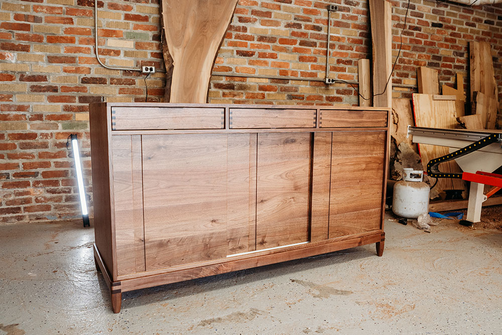 Custom Black Walnut Contemporary Solid Wood Credenza with three drawers and paneled doors