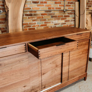 Custom Black Walnut Contemporary Solid Wood Credenza with three drawers and paneled doors - drawer open
