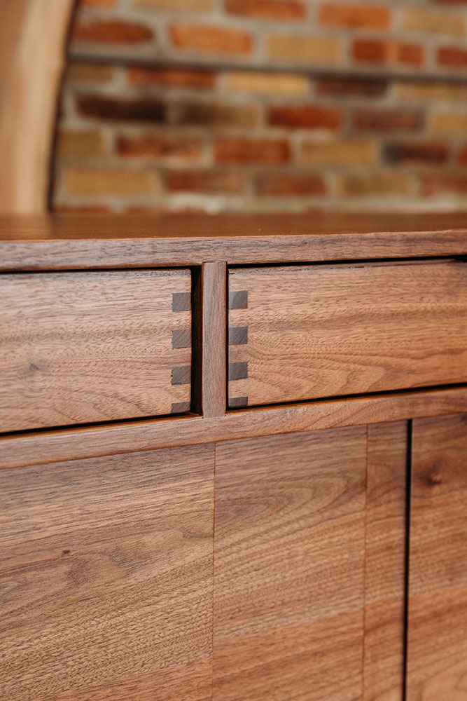 Custom Black Walnut Contemporary Solid Wood Credenza with three drawers and paneled doors - Detail