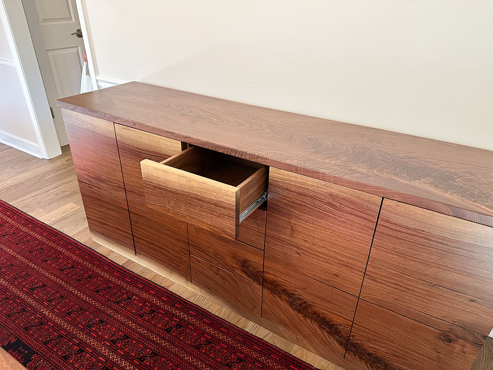Custom Black Walnut Solid Wood Credenza - Drawer Open