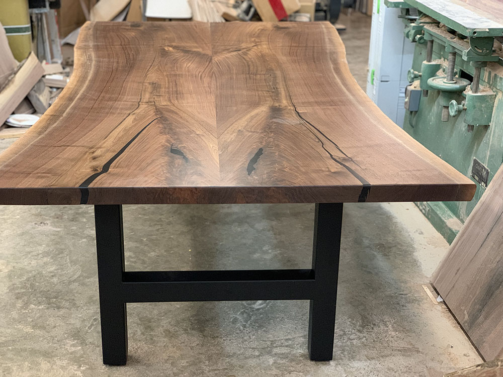 Custom Handcrafted Black Walnut Live Edge Dining Table with H Steel Base & Black Accents Epoxy - 052 - Side View