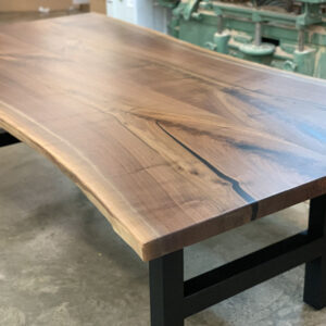 Custom Handcrafted Black Walnut Live Edge Dining Table with H Steel Base & Black Accents Epoxy - 052