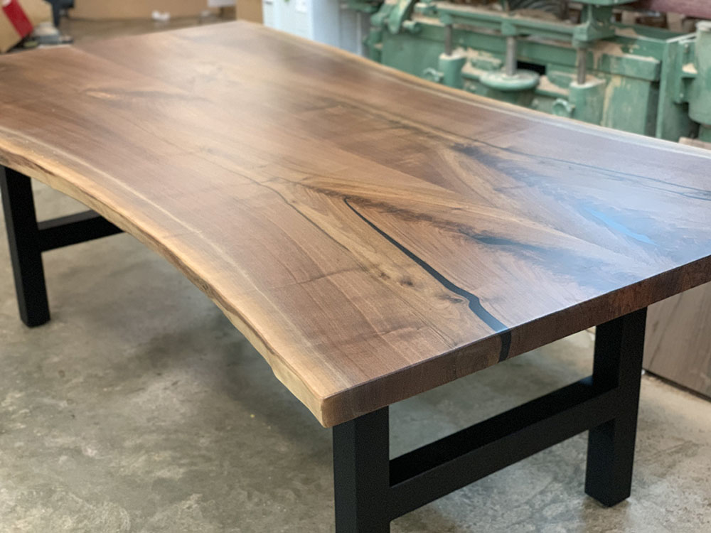 Custom Handcrafted Black Walnut Live Edge Dining Table with H Steel Base & Black Accents Epoxy - 052