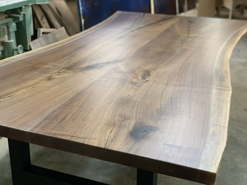 Custom Handcrafted Black Walnut Live Edge Dining Table with H Steel Base & Black Accents Epoxy - 052 - Top View
