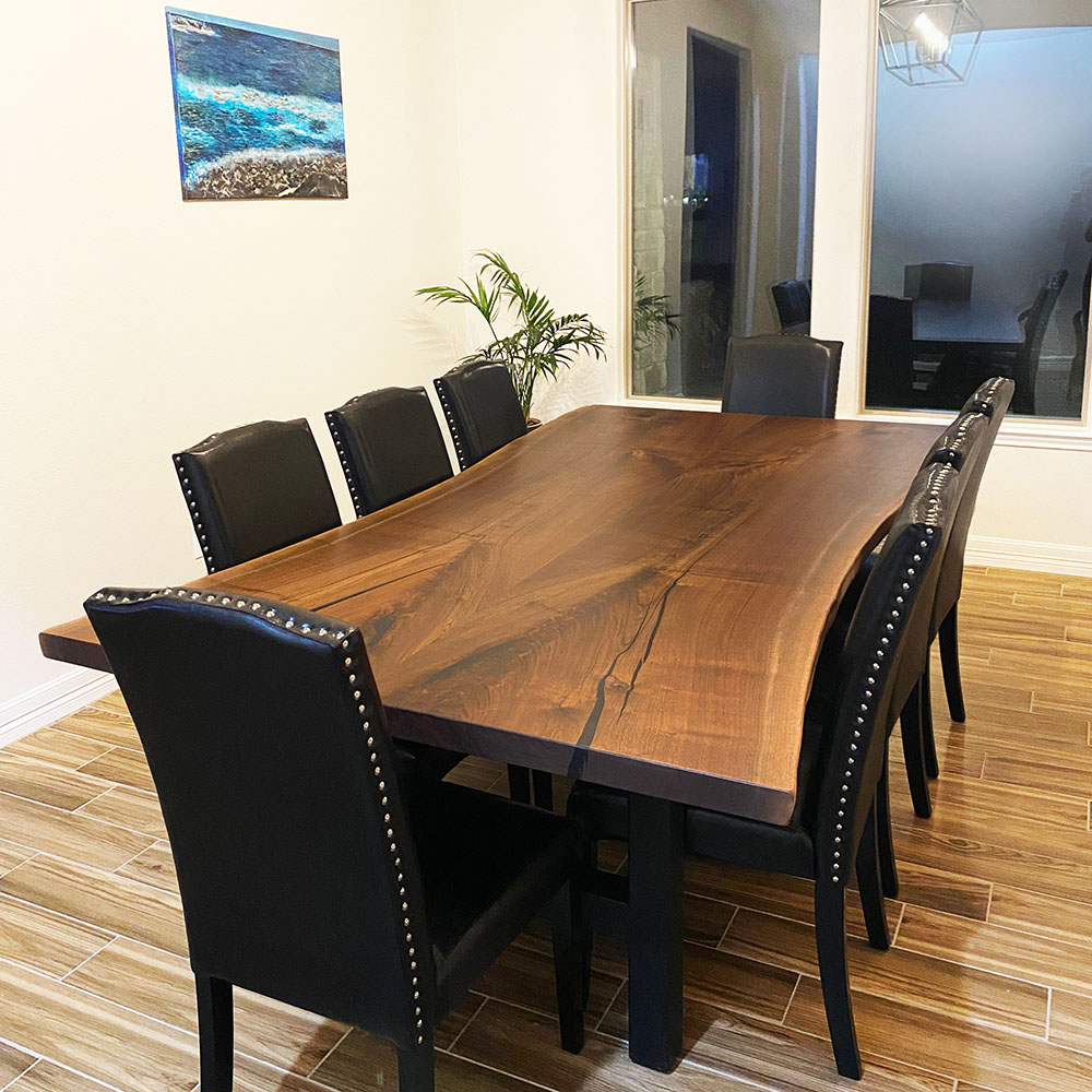 Custom Handcrafted Black Walnut Live Edge Dining Table with H Steel Base & Black Accents Epoxy - 052