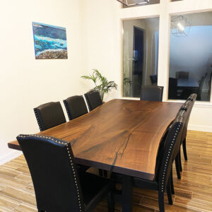 Custom Handcrafted Black Walnut Live Edge Slab Dining Table with H Steel Base & Black Accents Epoxy - 052
