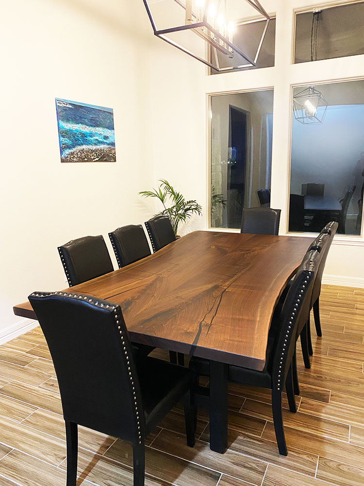 Custom Handcrafted Black Walnut Live Edge Slab Dining Table with H Steel Base & Black Accents Epoxy - 052