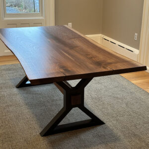 Custom Handcrafted Black Walnut Live Edge Dining Table with X-Beam Steel Base and Walnut Beam - 067