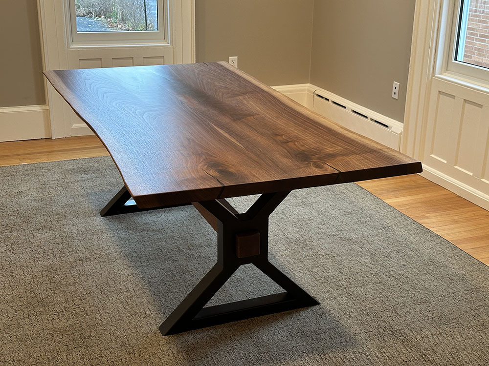 Custom Handcrafted Black Walnut Live Edge Dining Table with X-Beam Steel Base and Walnut Beam - 067