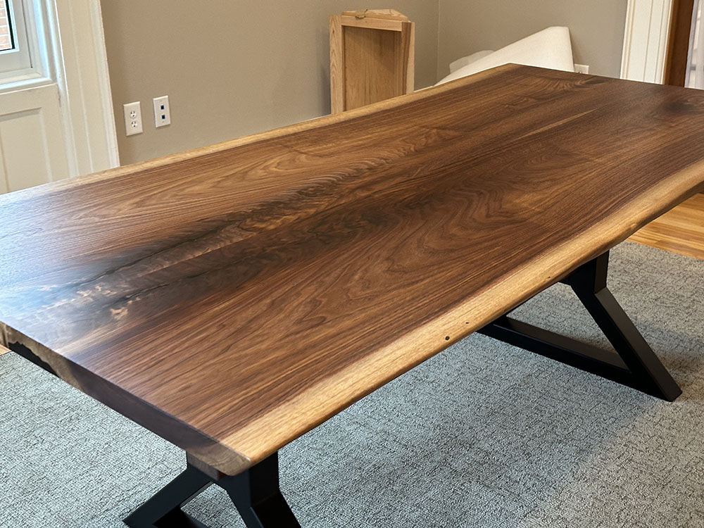 Custom Handcrafted Black Walnut Wood Live Edge Dining Table with X-Beam Steel Base - 053 - Top View