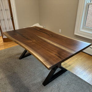 Custom Handcrafted Black Walnut Live Edge Dining Table with X-Beam Steel Base and Walnut Beam - 067